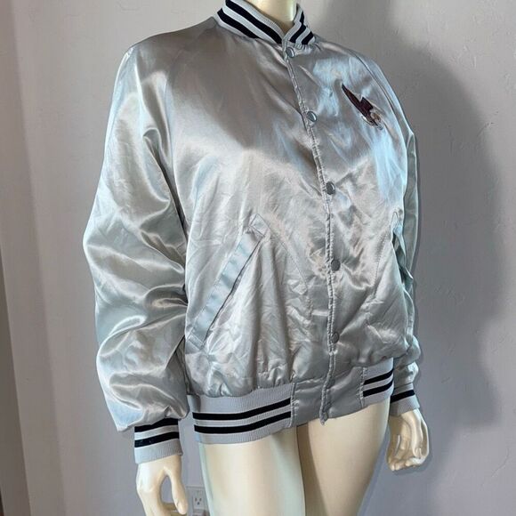 Vintage Satin Silver Gray Striped Rare Eagle Patch Nylon Bomber Jacket Men’s Lar - Picture 10 of 13